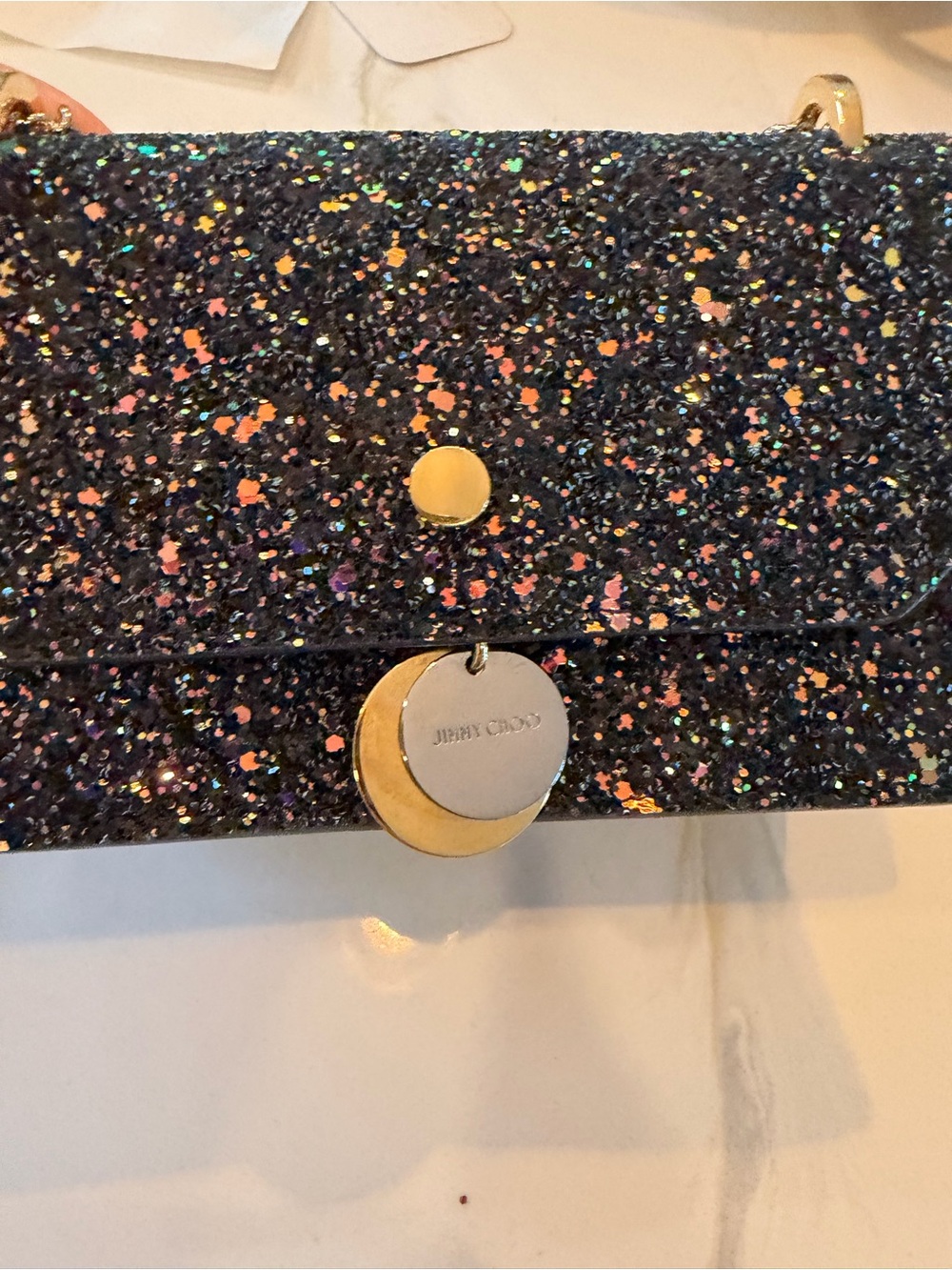 Jimmy Choo Black Multicolor Glitter Shoulder Bag with Gold Chain